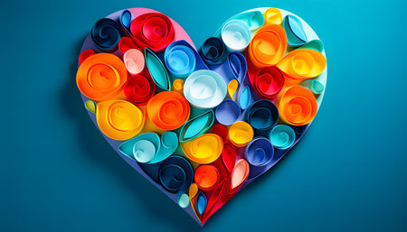 Heart shape made from colorful paper flowers on blue background. 3d renderingの素材