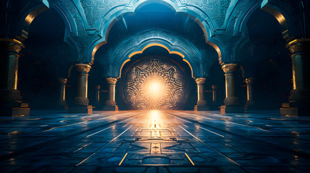 3d rendering. Futuristic interior of an old mosque. 3D illustrationの素材