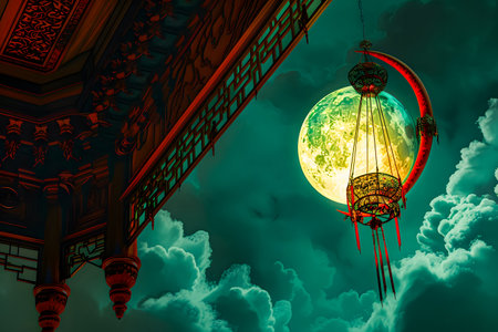 3D illustration of a Chinese temple in full moon light and dramatic cloudsの素材