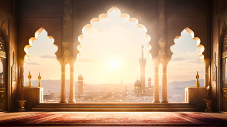 Beautiful mosque at sunset, oriental architecture, 3d renderingの素材