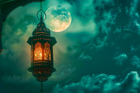 Ramadan Kareem background with lanterns and moon on the skyの素材