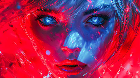 anime character with glowing red eyes. Intense stare, cyberpunk style, digital illustration with neon lighting and fantasy vibes. Anime Wallpaper backgroundsの素材
