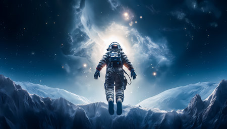 Astronaut on alien rocky landscape gazing at colorful glowing planet with surreal sky, futuristic space exploration fantasy sceneの素材