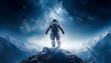 Astronaut on alien rocky landscape gazing at colorful glowing planet with surreal sky, futuristic space exploration fantasy sceneの素材