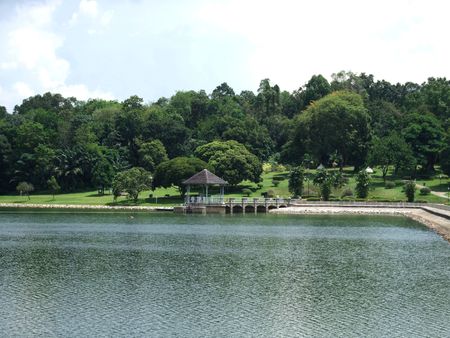 scenic view of Lower Pierce reservoir with a gazeboの写真素材
