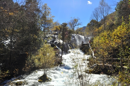 scenic breathtaking view of waterfall at Jiuzhaigouの写真素材