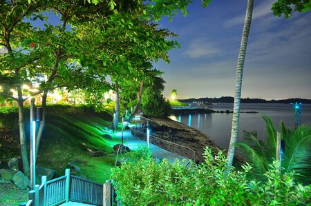 A walkway by the beach in Changi village (Singapore) surrounded by lush greenery by nightの写真素材