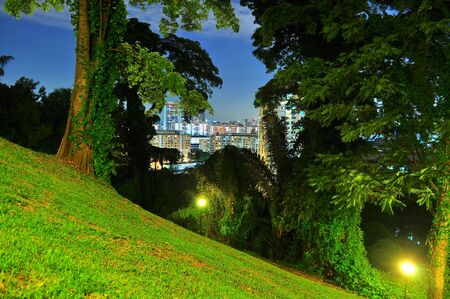 a grassy slope at Mount Faber, in the south of Singapore, with residential buildings in far background, by nightの写真素材