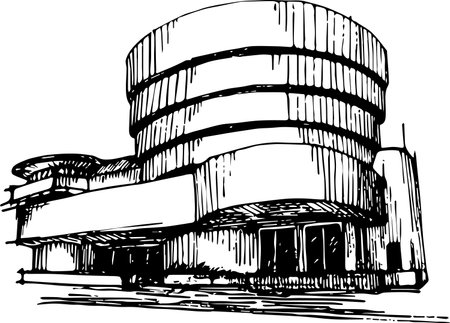 The Guggenheim museum vector hand drawn black and white illustration. sketchy image of a famous museum with no people and cars on background. simple modern architectureのイラスト素材