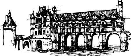 ChÃ¢teau de Chenonceau vector hand drawn black and white image famous castle freehand sketchy illustration. Castle on a bridge tall towers medieval architectureのイラスト素材