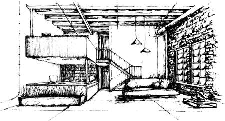 Loft interior design. Sketchy monochromatic ink image. Wide sunny room with a tall ceiling, big windows, comfy couch, casual, office deck, stairs, beams. Industrial style looking spaceのイラスト素材