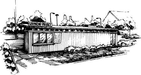 container take away restaurant design concept. Rough sketchy idea of a cafe exterior. Monochromatic ink freehand image. perspective illustrationのイラスト素材