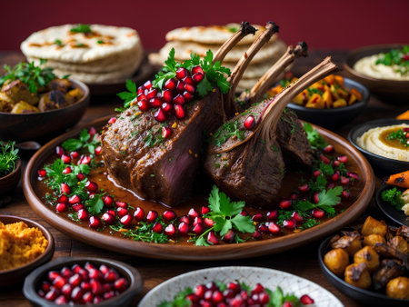 Traditional lamb ribs with pomegranate, hummus and pita breadの素材