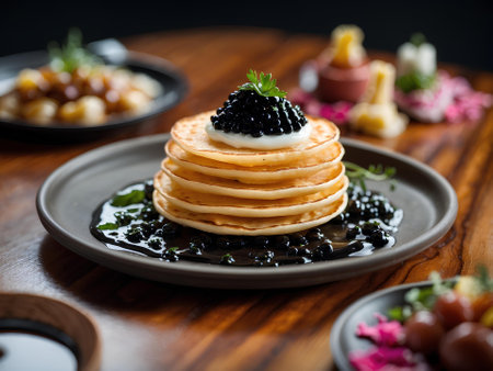 Pancakes with black caviar on a wooden background. Close-up.の素材