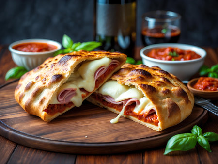 Discover the Delicious Charm of Calzone â A Perfectly Folded Italian Delight, Combining Melted Cheese, Meat, and Vegetables Inside a Warm, Crispy Pocket of Doughの素材