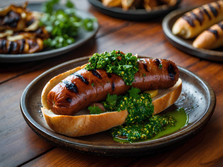 ChoripÃ¡n: Argentinaâs Beloved Street Food, Combining Juicy Grilled Chorizo in a Crispy Bread Roll, Enhanced with Chimichurri for a Bold, Flavor-Packed Culinary Experienceの素材