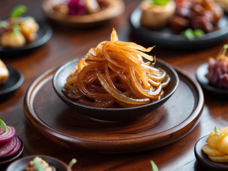 Japanese sweet and sour sauce with dumplings on a wooden tableの素材