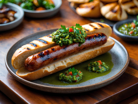 Grilled sausages with pesto sauce on a wooden tableの素材