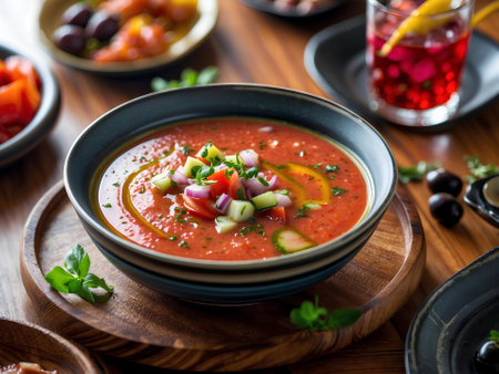 Tomato gazpacho soup in a bowl on wooden backgroundの素材