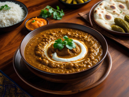 Bowl of Indian curry with rice and pickles on wooden backgroundの素材