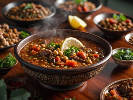 Lentil soup with chickpeas and vegetables in a bowlの素材
