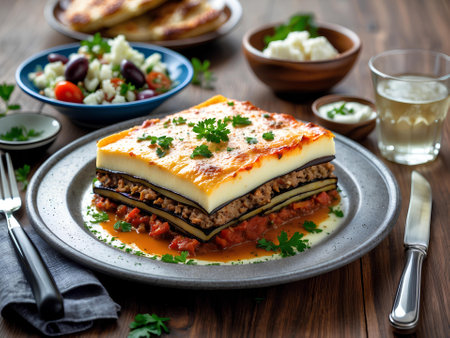 Tasty lasagna with minced meat and vegetables on a wooden tableの素材