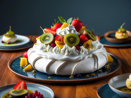 Meringue Pavlova cake with fresh fruit and whipped cream, selective focusの素材