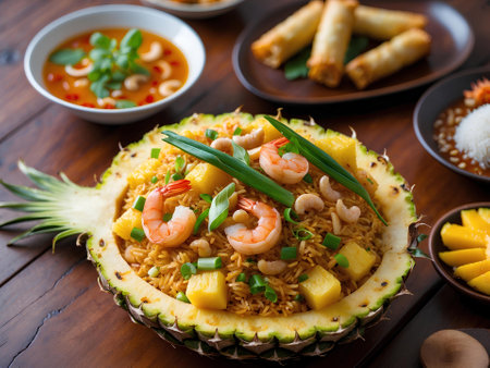 Pineapple fried rice with prawns and vegetables served in a pineapple bowlの素材