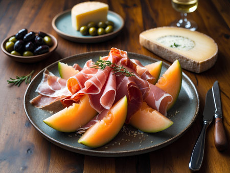 Sliced melon with prosciutto and olives on wooden tableの素材