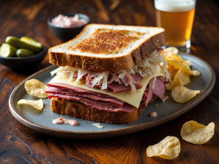 Sandwich with roast beef, cheese, pickled cucumbers and chipsの素材