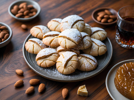 Almond cookies with sugar powder and almonds on a wooden table.の素材