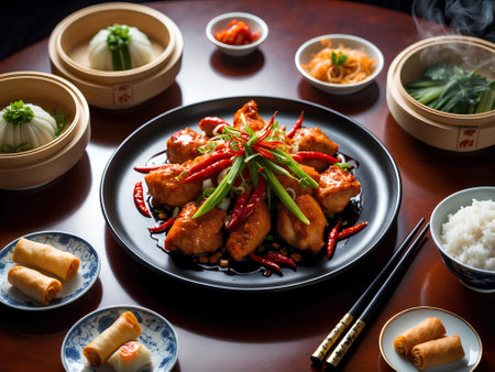 Chinese cuisine, fried chicken with sweet and sour sauce on plateの素材