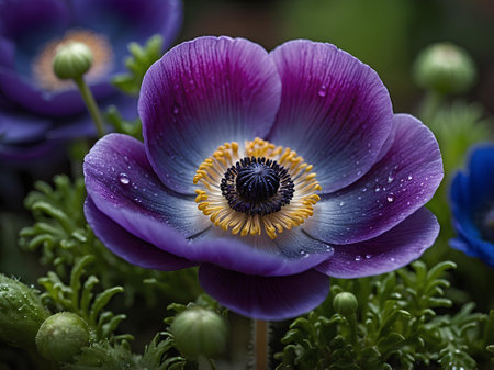 Purple anemone with raindrops on petals close upの素材