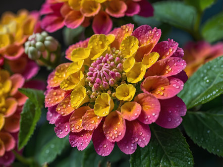 Lantana flower with water drops after rain, close up.の素材