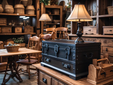 Vintage black chest of drawers and lamps on the background of wooden shelves in a furniture storeの素材