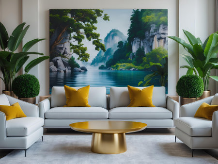 Modern bright interiors 3D rendering illustration. Living room mockupの素材