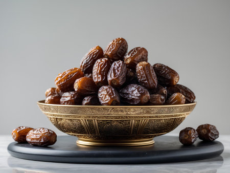 Dried dates fruits in a golden bowl on a gray background.の素材