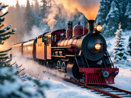 Vintage steam train in winter forest. Retro train in the forest.の素材