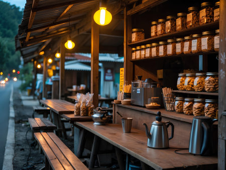 Coffee shop in the mountains at night. Selective focus.の素材
