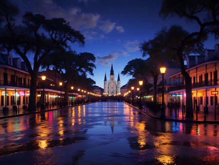 New Orleans at Night: The Majestic Mississippi River Flowing Calmly, Surrounded by Ancient Oak Trees and Ornate Streetlampsの素材