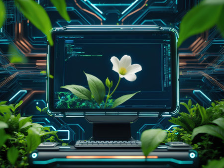 Laptop with white flower in the green garden. 3D renderingの素材
