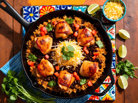 Mexican chili con carne served in a cast-iron skilletの素材