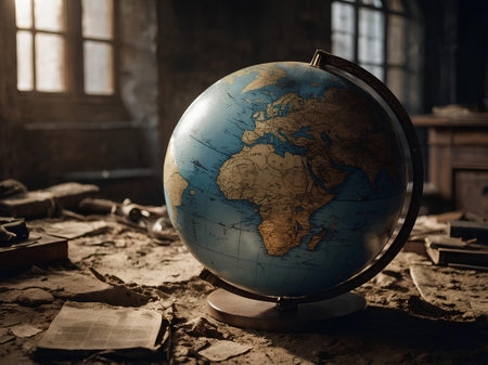 Globe in an abandoned building, concept of travel and lost placesの素材