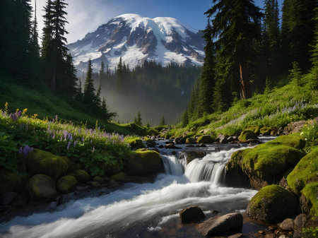Mountain stream with wildflowers and snow covered peak in backgroundの素材
