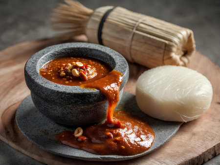 Chili sauce in a mortar with dumplings on the backgroundの素材