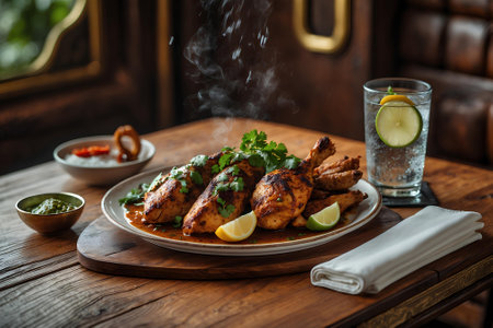Chicken tikka masala with lime and mint on wooden tableの素材