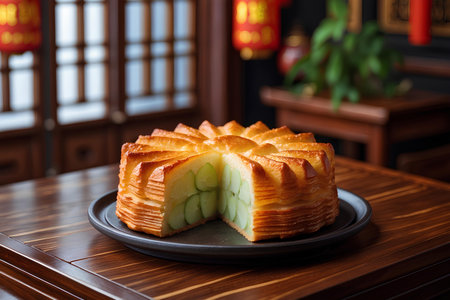 Cucumber cake on black plate on wooden table in Chinese restaurantの素材