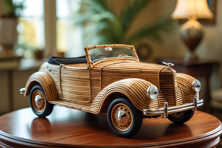 Wooden toy car on the table in the interior of the roomの素材