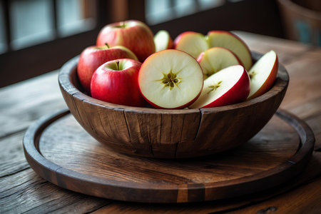 Fresh red apples in a wooden bowl on a rustic wooden tableの素材