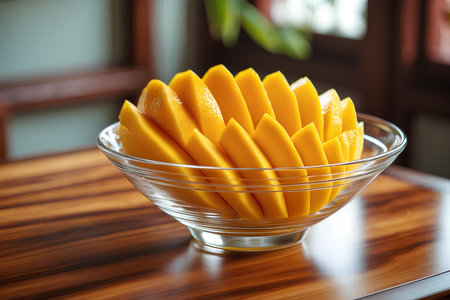 Sliced mango in a glass bowl on a wooden table.の素材
